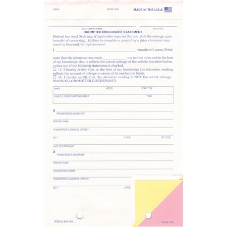 Asp Odometer Disclosure Statement No Screen 3 Part, Qty 100 Pk 841-NS